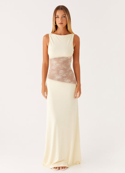 Lace Satin Backless Maxi Dress Yellow