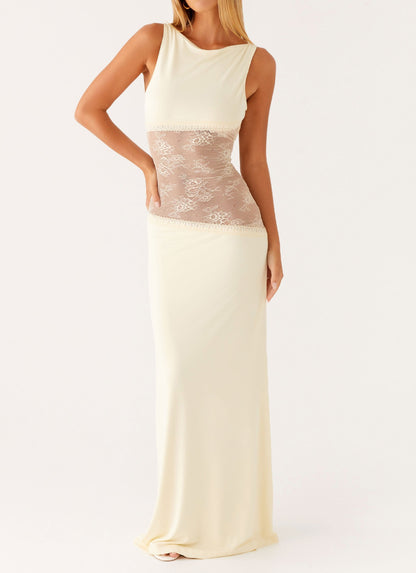 Lace Satin Backless Maxi Dress Yellow