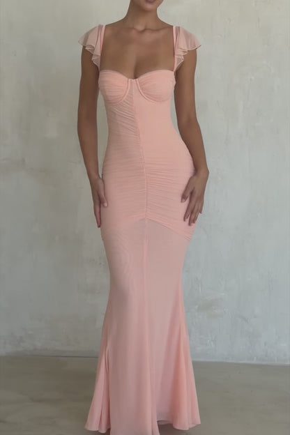 Peach Ruched Mesh Silhouette Maxi Dress