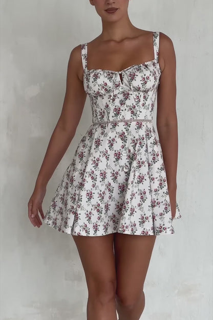 Cream Rose Print Stretch Cotton Mini Dress