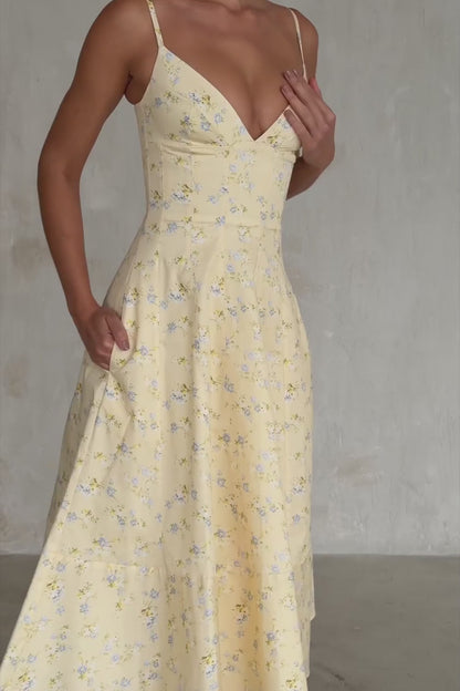Lemon Floral Print Strappy Midi Sundress