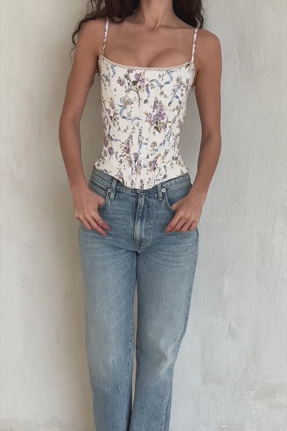 White Floral Lace-Up Corset Top