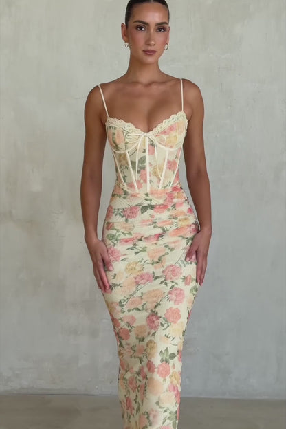 Peach Floral Print Mesh Maxi Dress