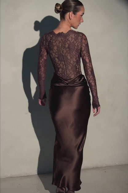 Elara Espresso Lace & Satin Two-Piece Gown