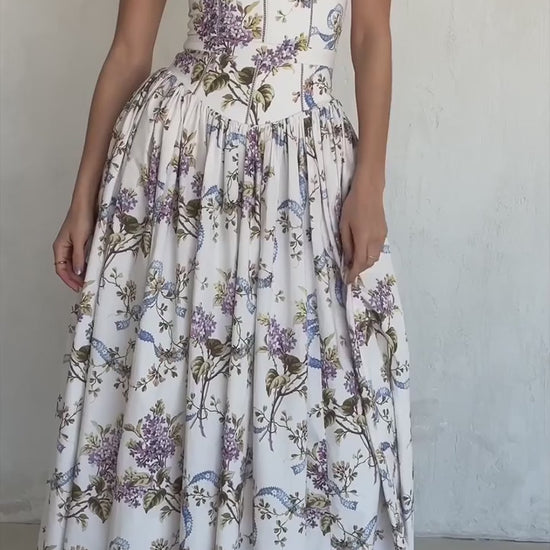 Off White Vintage Ribbon Print Cotton Midi Sundress video