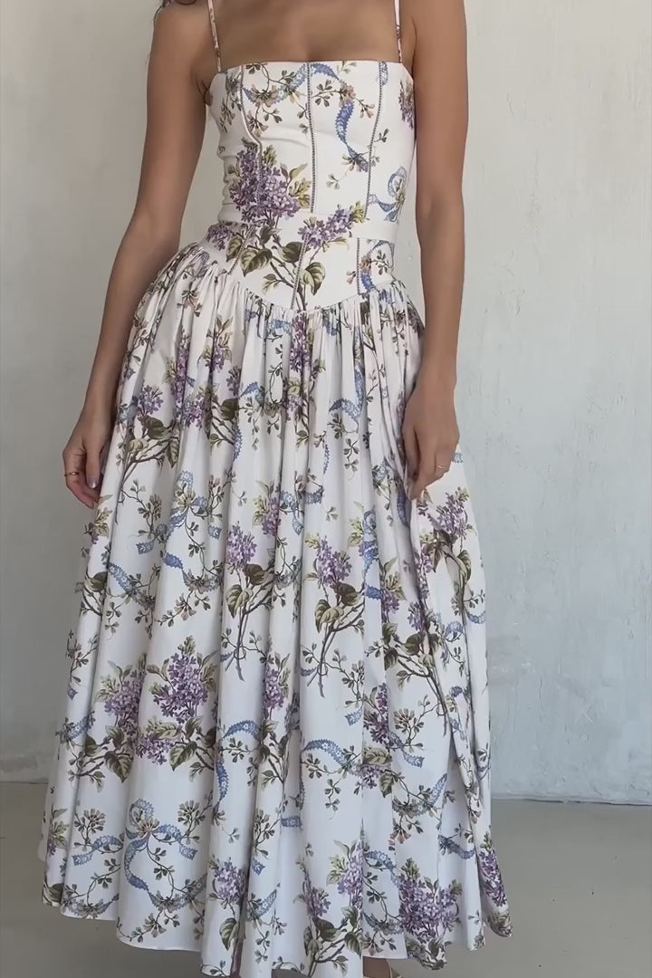Off White Vintage Ribbon Print Cotton Midi Sundress video