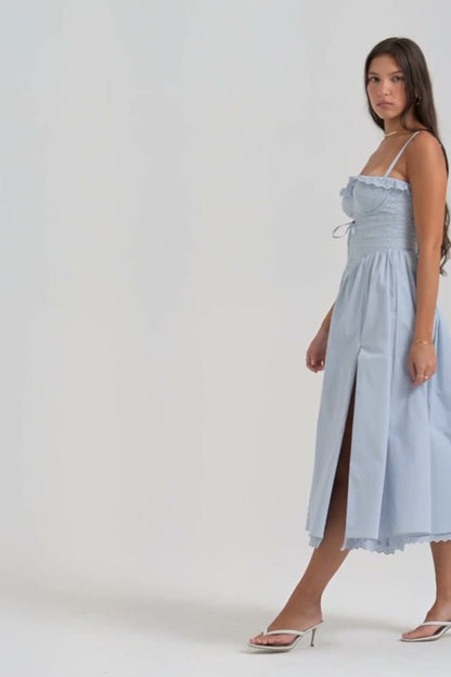 Soft Blue Cotton Broderie Anglaise Midi Sundress