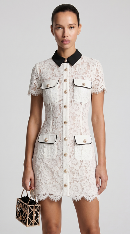 Pura - Contrast-Piped Floral Lace Mini Dress view 3