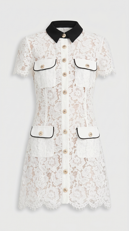 Pura - Contrast-Piped Floral Lace Mini Dress view 4