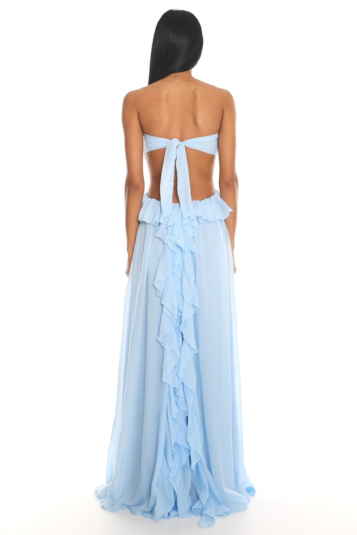 Santiago Cut-Out Ruffle Maxi Dress Blue — open tie-back view
