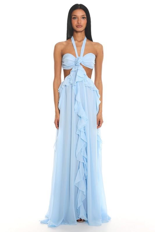 Santiago Cut-Out Ruffle Maxi Dress Blue — front full-length view