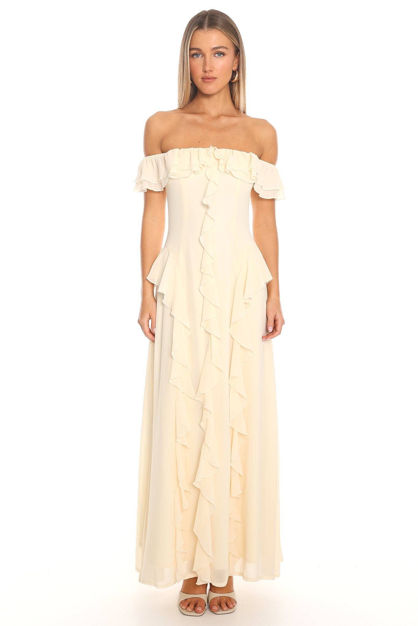 Scarlet Off-Shoulder Ruffle Trim Maxi Dress Yellow
