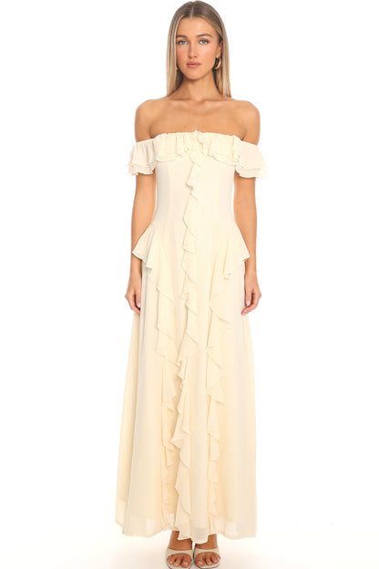 Scarlet Off-Shoulder Ruffle Trim Maxi Dress Yellow