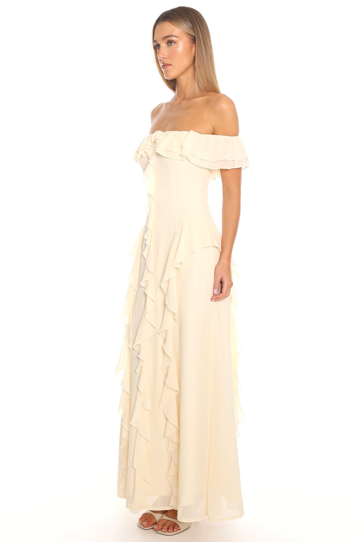 Scarlet Off-Shoulder Ruffle Trim Maxi Dress Yellow