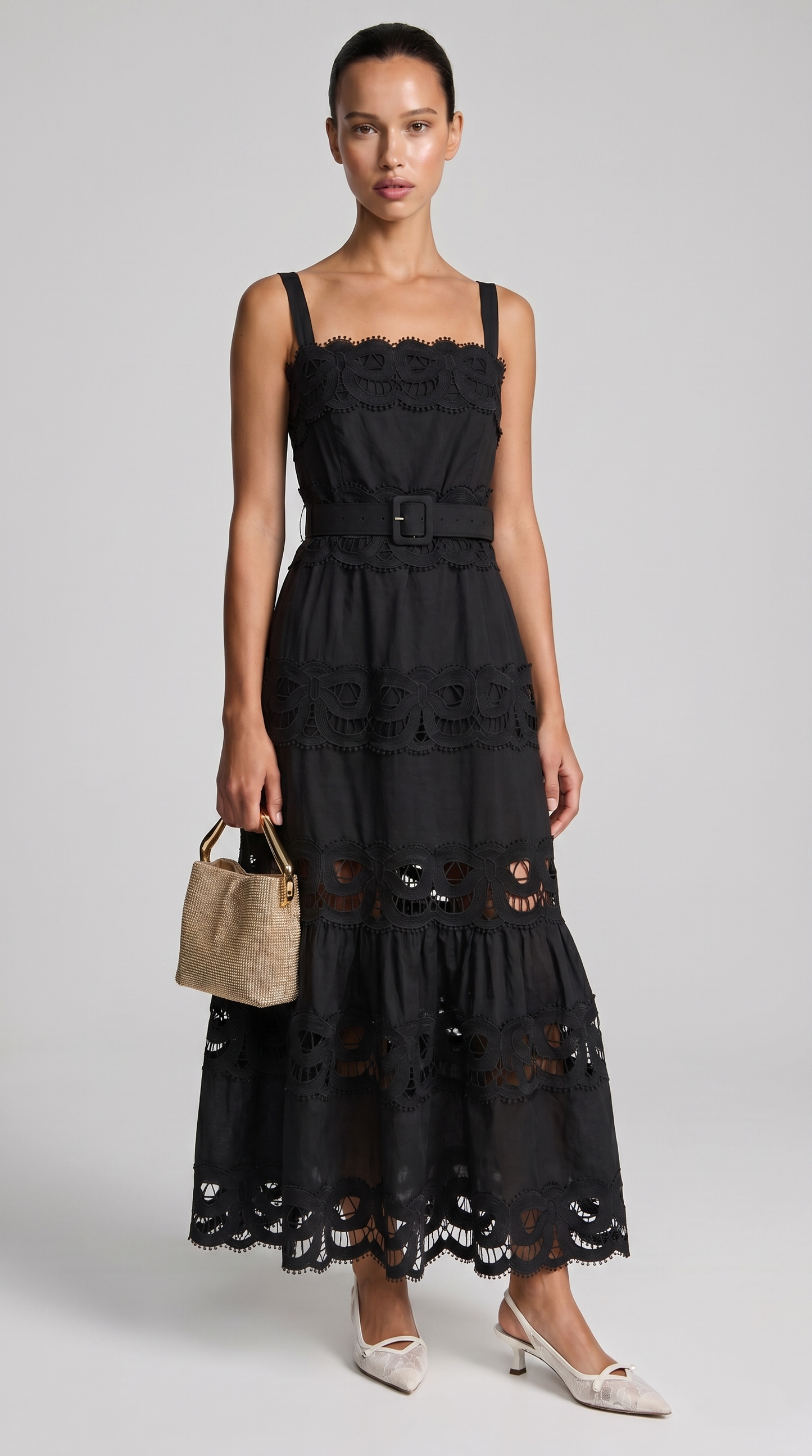 Elowen - Belted Eyelet Lace Maxi Dress Black