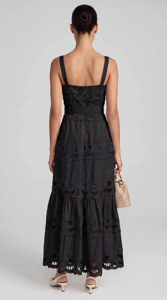 Elowen - Belted Eyelet Lace Maxi Dress Black