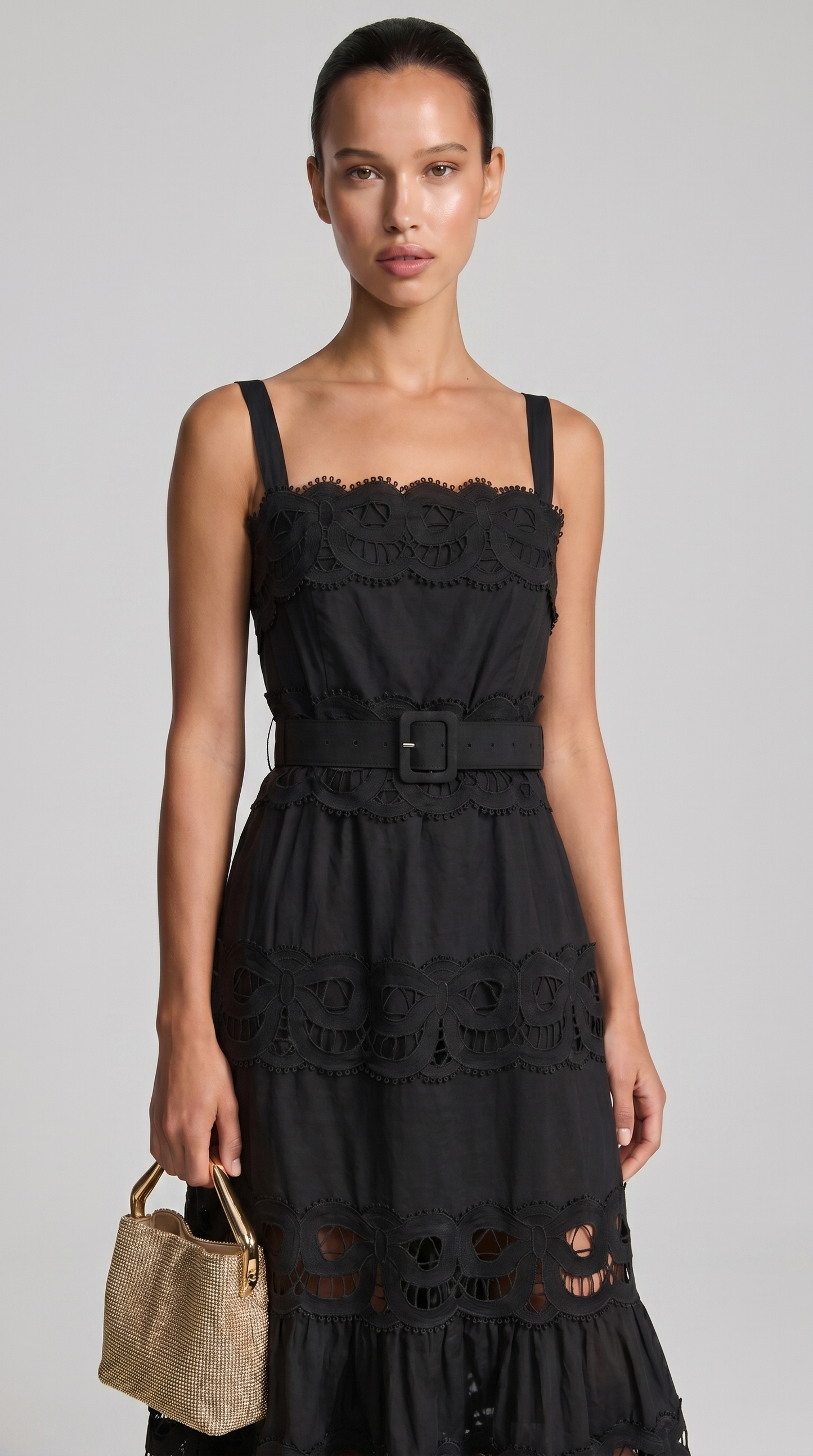 Elowen - Belted Eyelet Lace Maxi Dress Black