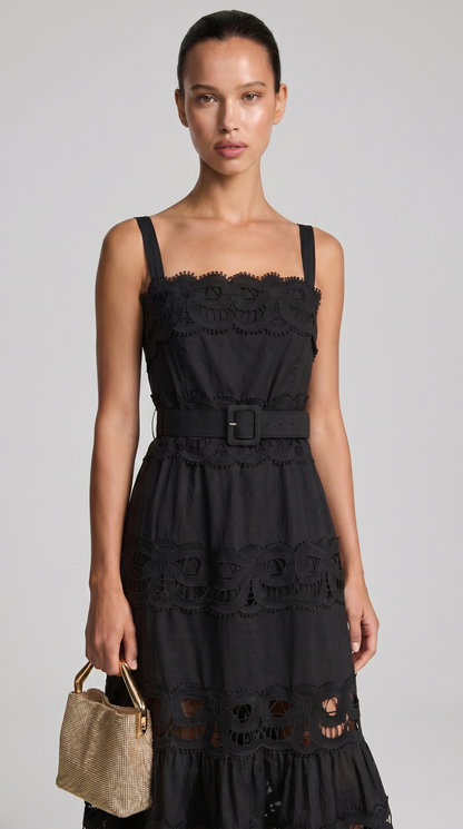Elowen - Belted Eyelet Lace Maxi Dress Black