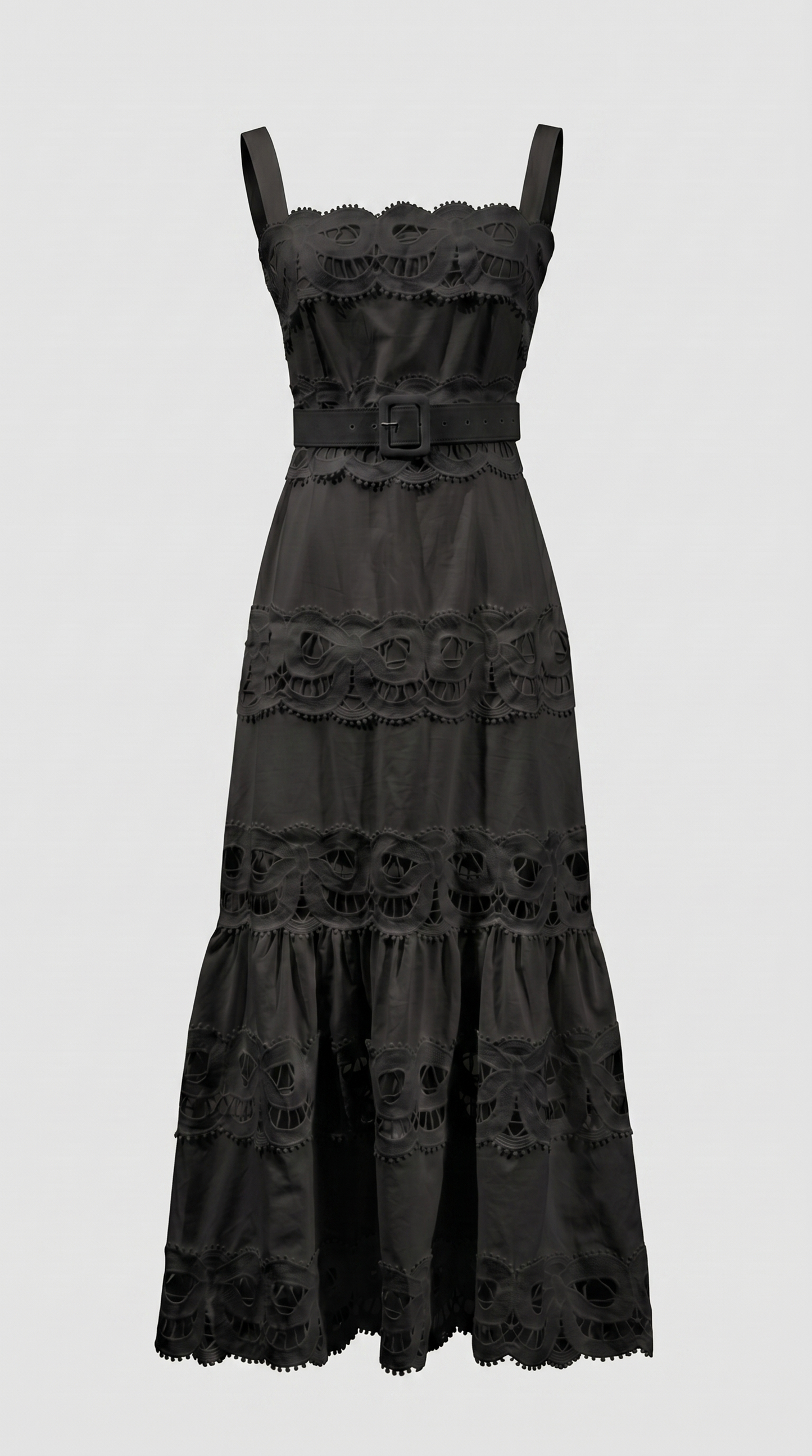 Elowen - Belted Eyelet Lace Maxi Dress Black
