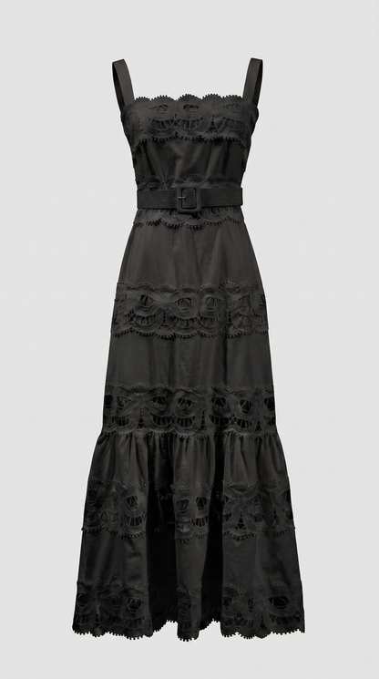 Elowen - Belted Eyelet Lace Maxi Dress Black