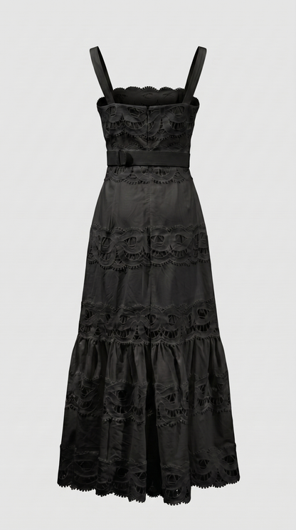 Elowen - Belted Eyelet Lace Maxi Dress Black