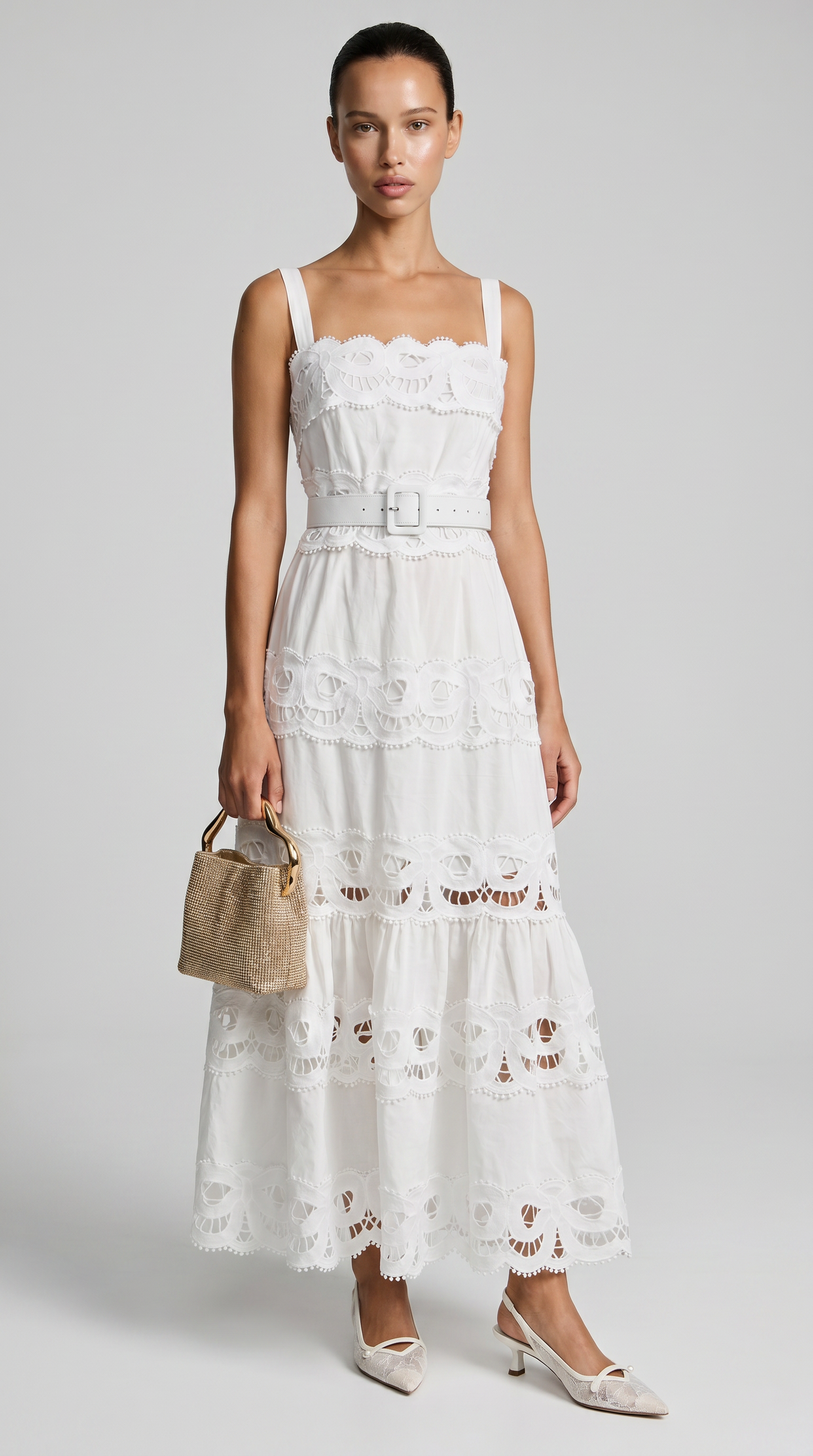 Elowen - Belted Eyelet Lace Maxi Dress White