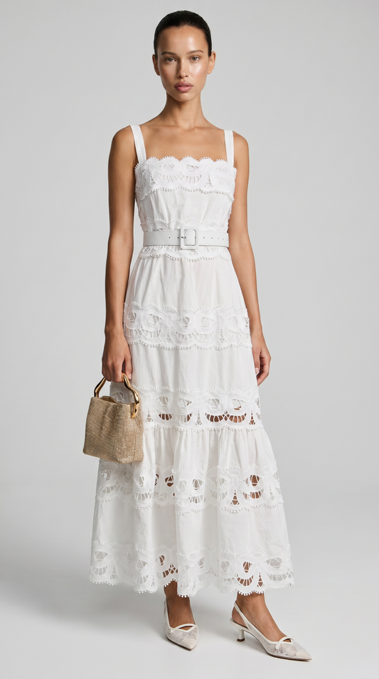 Elowen - Belted Eyelet Lace Maxi Dress White