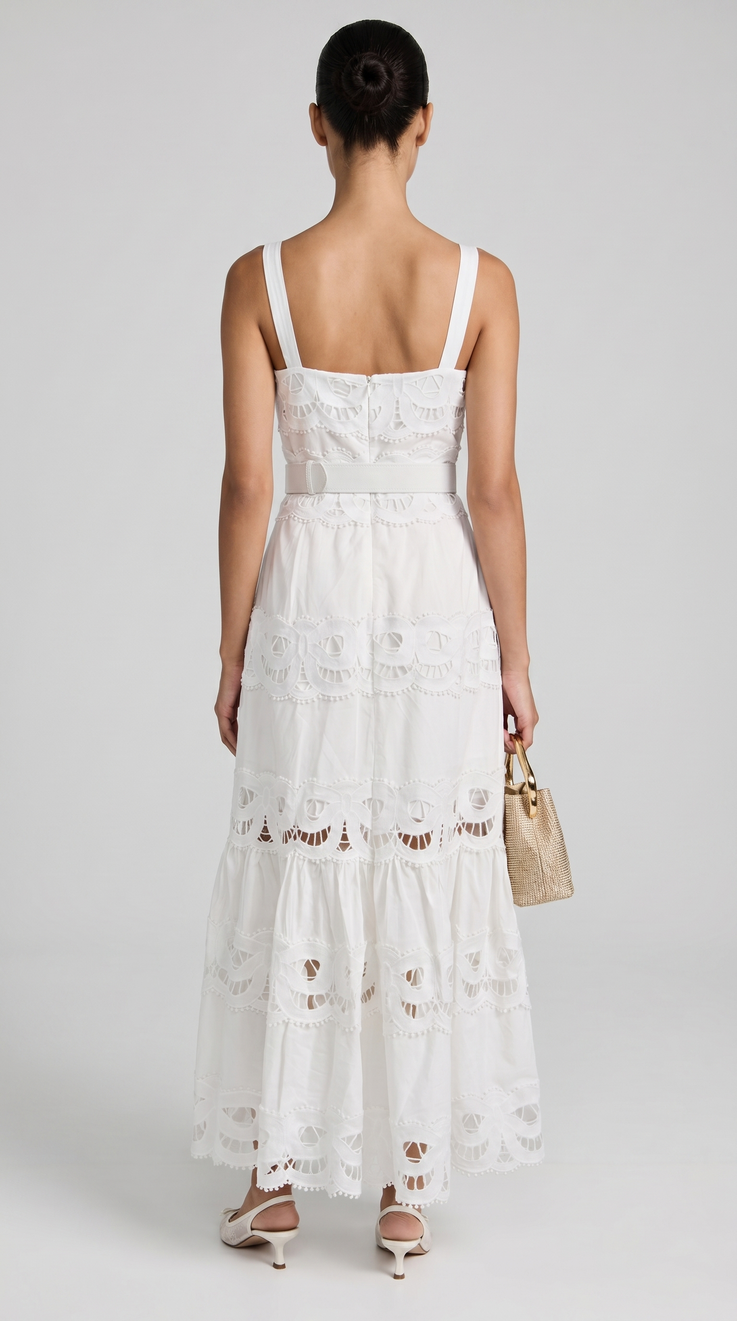 Elowen - Belted Eyelet Lace Maxi Dress White