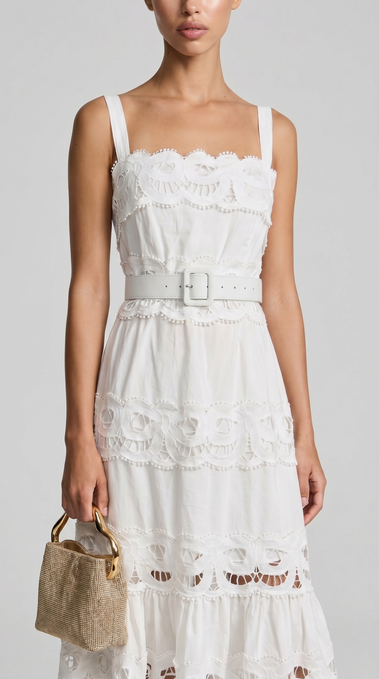 Elowen - Belted Eyelet Lace Maxi Dress White