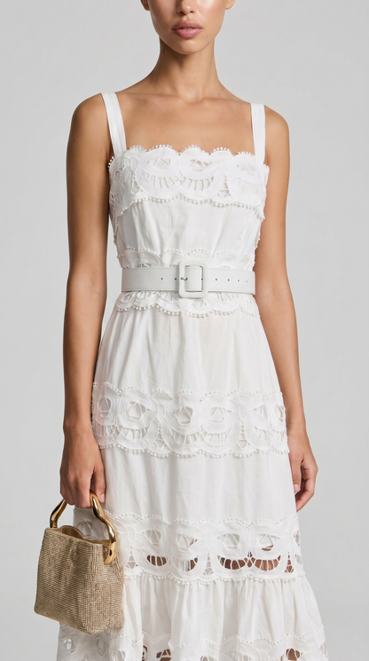 Elowen - Belted Eyelet Lace Maxi Dress White