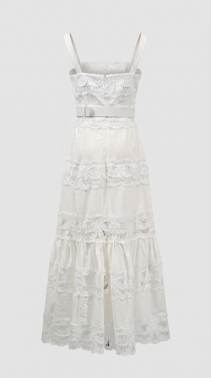 Elowen - Belted Eyelet Lace Maxi Dress White