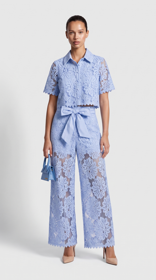Senti - Cropped Lace Shirt & Wide-Leg Trouser Set Baby Blue view 1