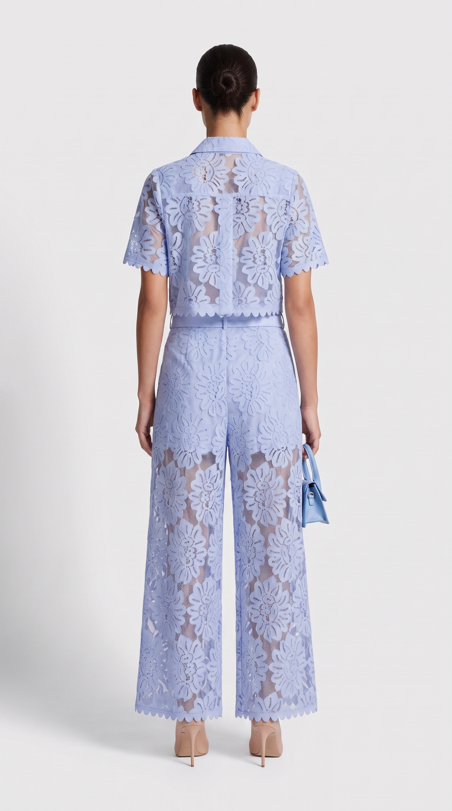 Senti - Cropped Lace Shirt & Wide-Leg Trouser Set Baby Blue view 2