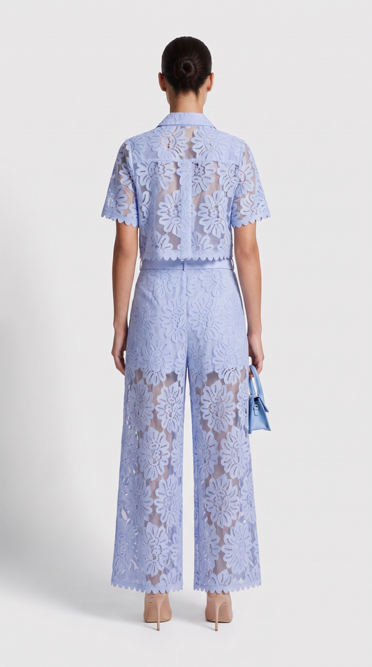 Senti - Cropped Lace Shirt & Wide-Leg Trouser Set Baby Blue view 2