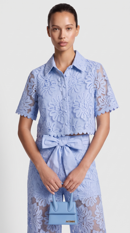 Senti - Cropped Lace Shirt & Wide-Leg Trouser Set Baby Blue view 3