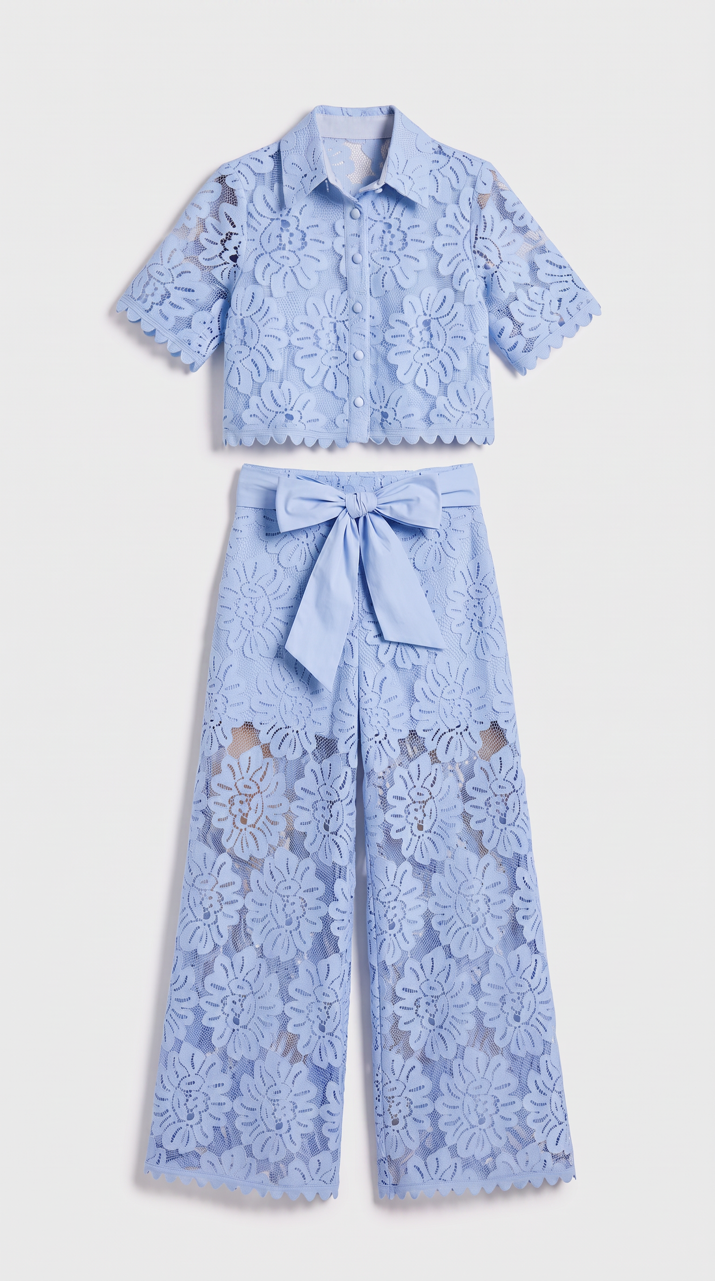 Senti - Cropped Lace Shirt & Wide-Leg Trouser Set Baby Blue view 4