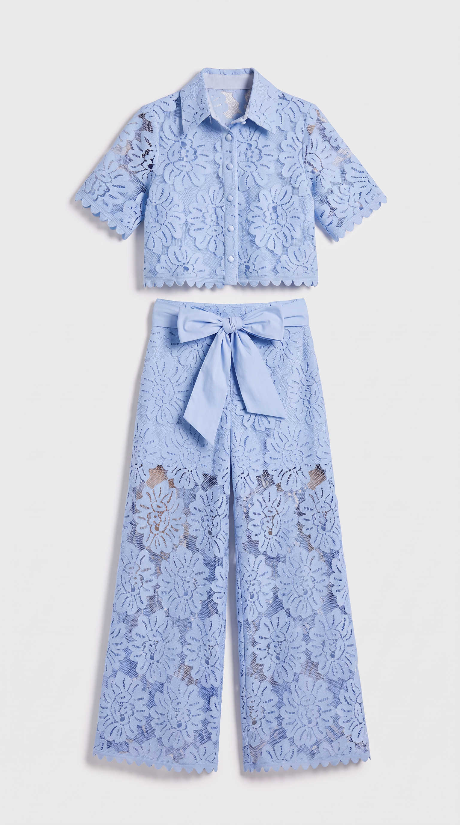 Senti - Cropped Lace Shirt & Wide-Leg Trouser Set Baby Blue view 4