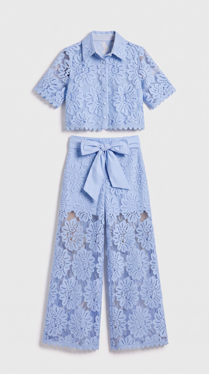 Senti - Cropped Lace Shirt & Wide-Leg Trouser Set Baby Blue view 4