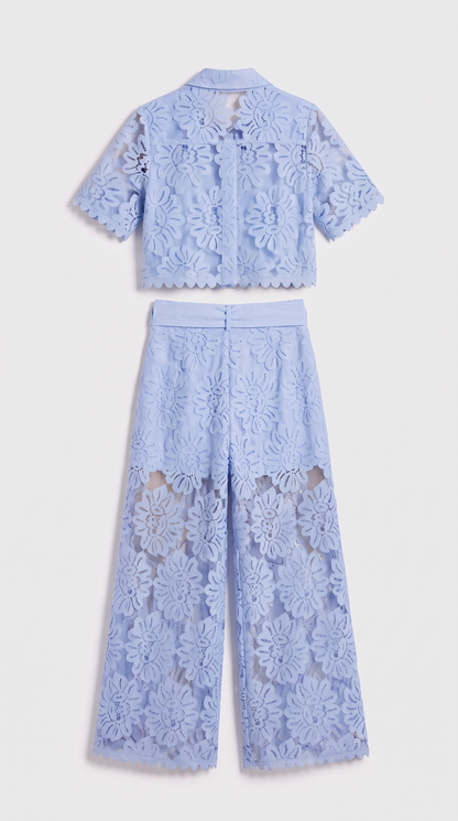Senti - Cropped Lace Shirt & Wide-Leg Trouser Set Baby Blue view 5