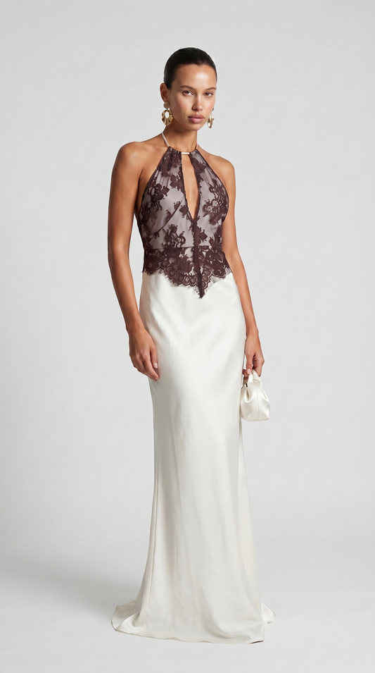 Solenne - Scalloped Lace Open-Back Satin Maxi Gown