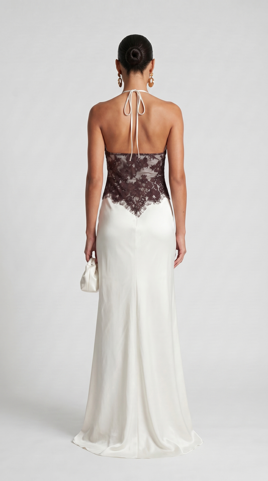 Solenne - Scalloped Lace Open-Back Satin Maxi Gown