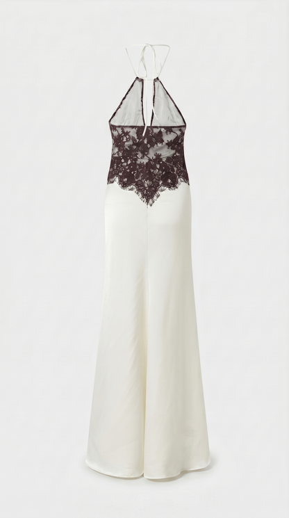 Solenne - Scalloped Lace Open-Back Satin Maxi Gown