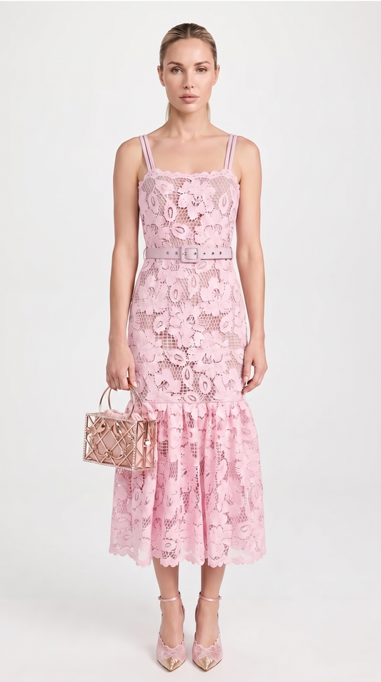 Zefi Pink Guipure Lace Belted Midi Dress
