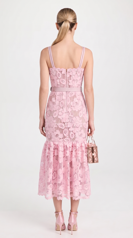Zefi Pink Guipure Lace Belted Midi Dress