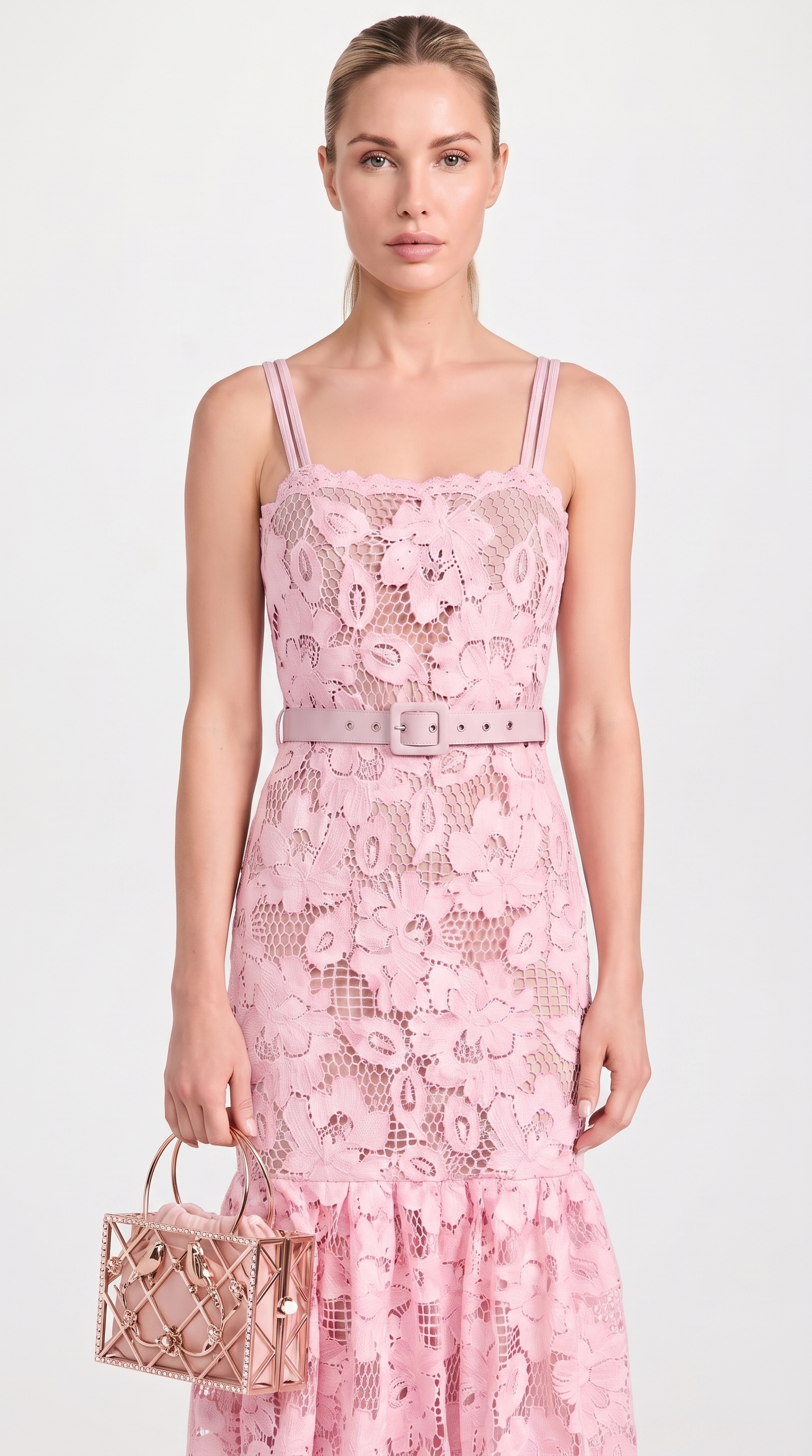Zefi Pink Guipure Lace Belted Midi Dress