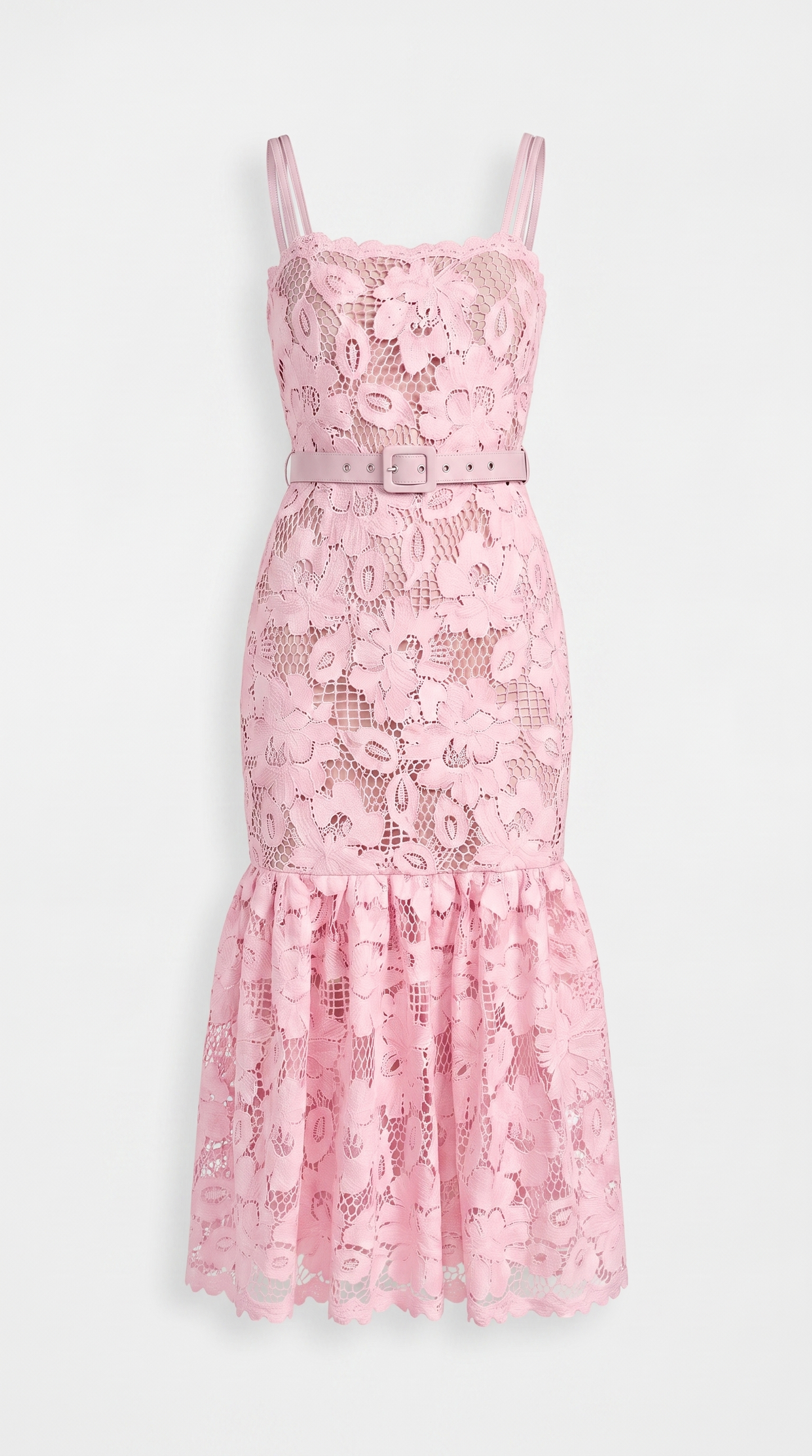 Zefi Pink Guipure Lace Belted Midi Dress