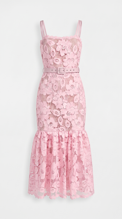 Zefi Pink Guipure Lace Belted Midi Dress