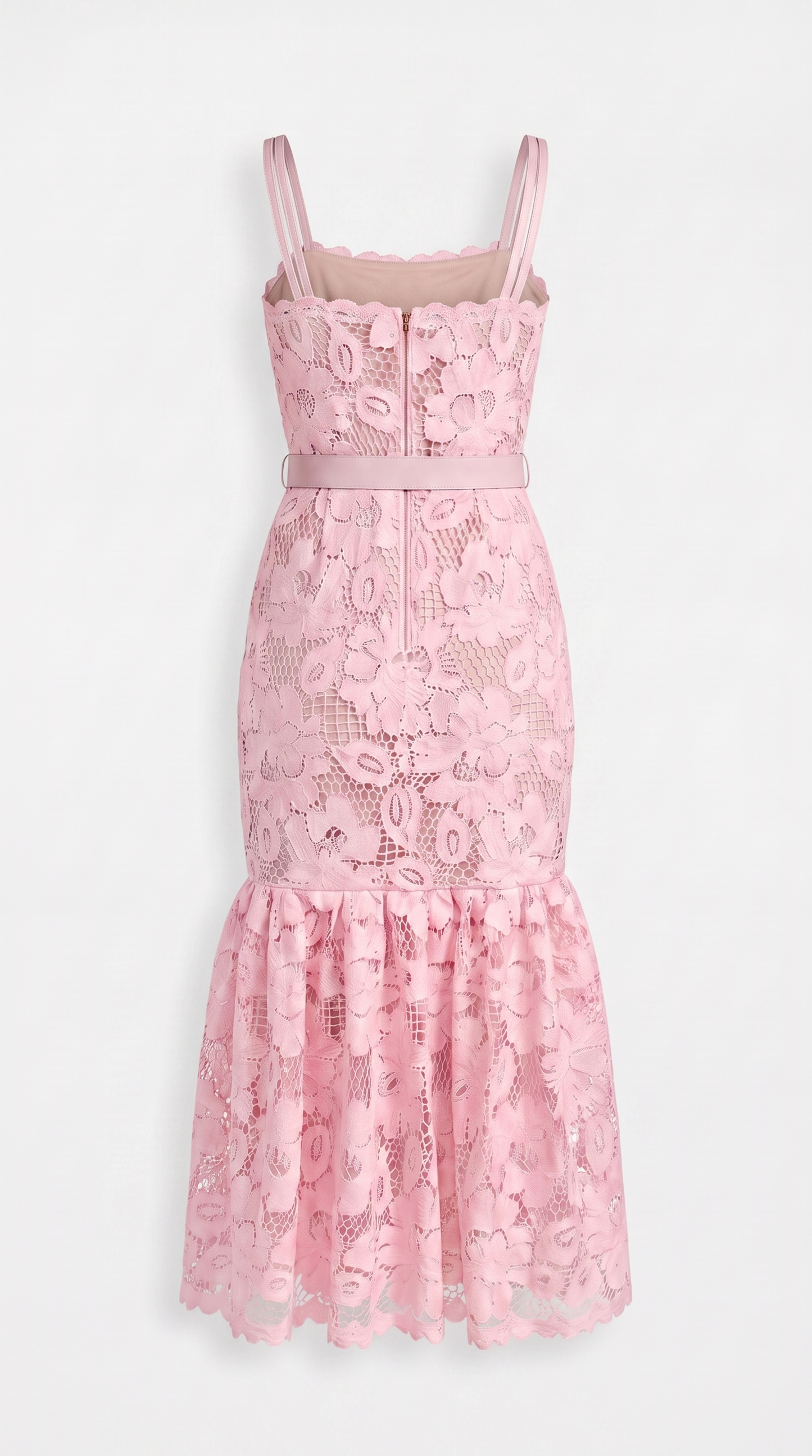 Zefi Pink Guipure Lace Belted Midi Dress