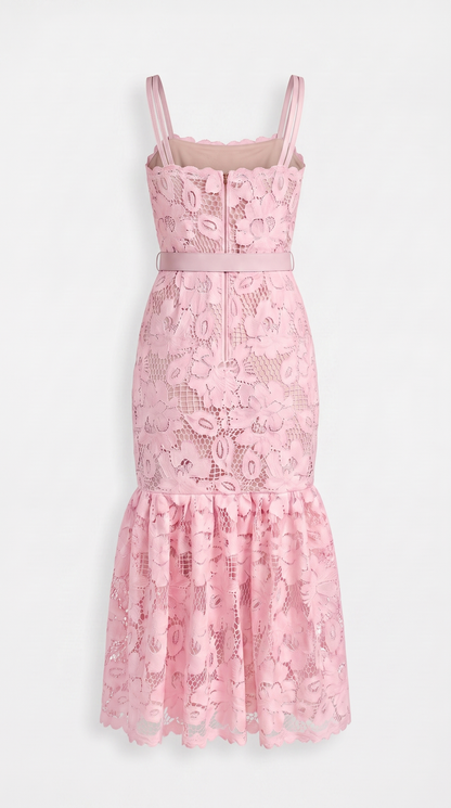 Zefi Pink Guipure Lace Belted Midi Dress