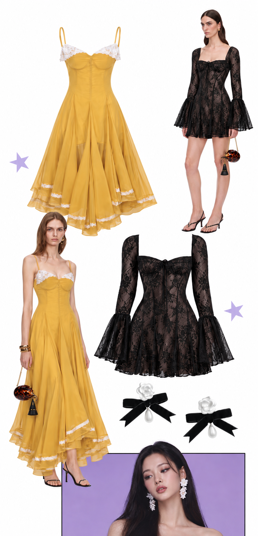 Sakura K yellow maxi and black lace dress edit.